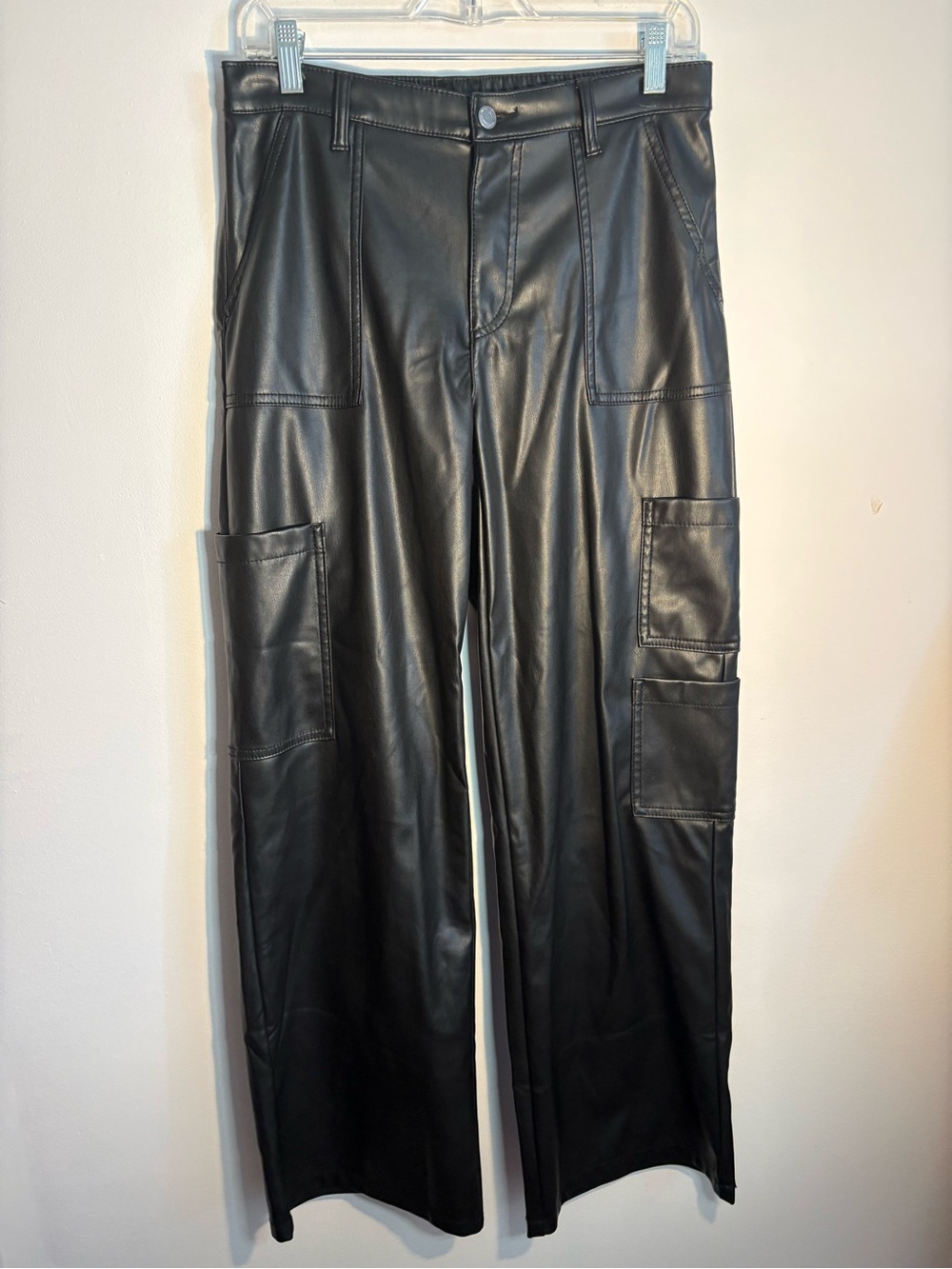 No Boundaries Black Faux Leather Cargo Pants Wide Leg M 8-10